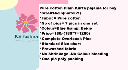 Pure cotton plain Kurta pajama for boy in wholesale